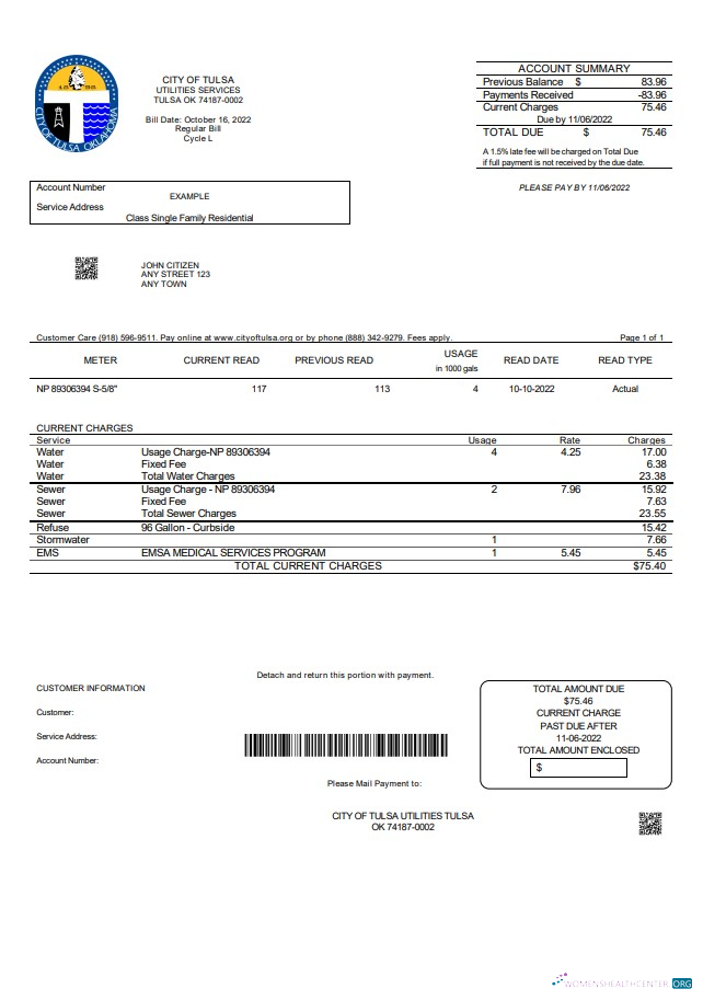 download download USA Oklahoma City of Tulsa utility bill template in Word and PDF format PDF template PDF template